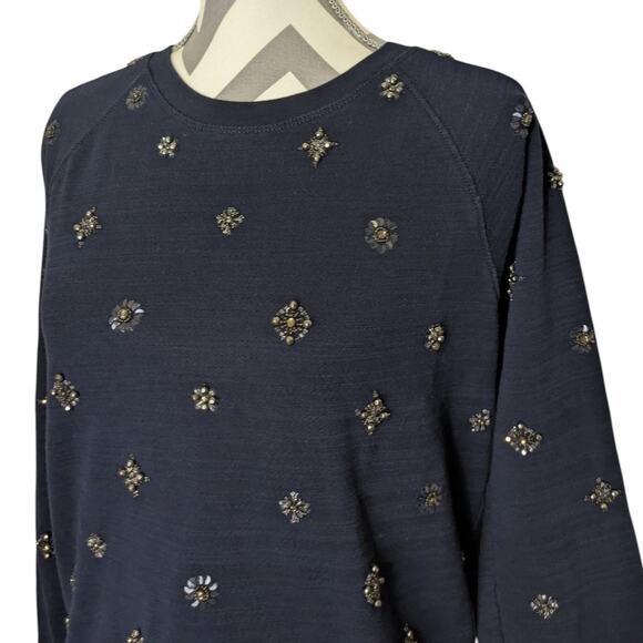 J. Crew Jeweled Embellished Navy Blue Pullover Sweatshirt Sweater Size Large - Picture 4 of 7